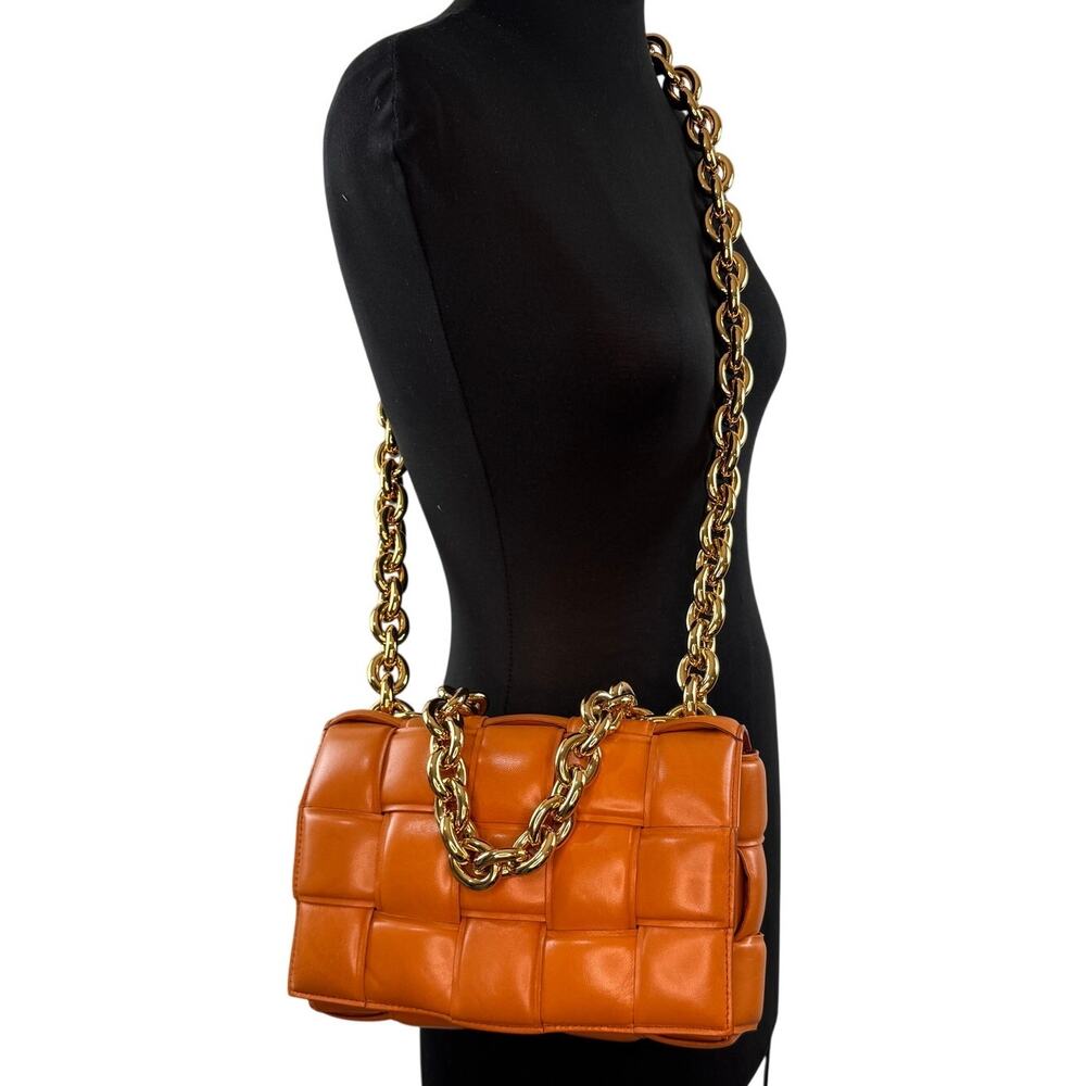 Bottega Veneta Orange Leather Maxi Intrecciato Woven Chain Cassette Shoulder Bag